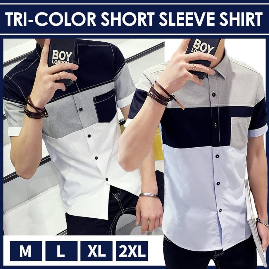 1456円 注目の福袋をピックアップ メリュエル 2カラー M 2xl トライカラー ショート スリーブ デザイン 半袖シャツ お洒落 韓国風 カジュアル ポケット付き ボタ