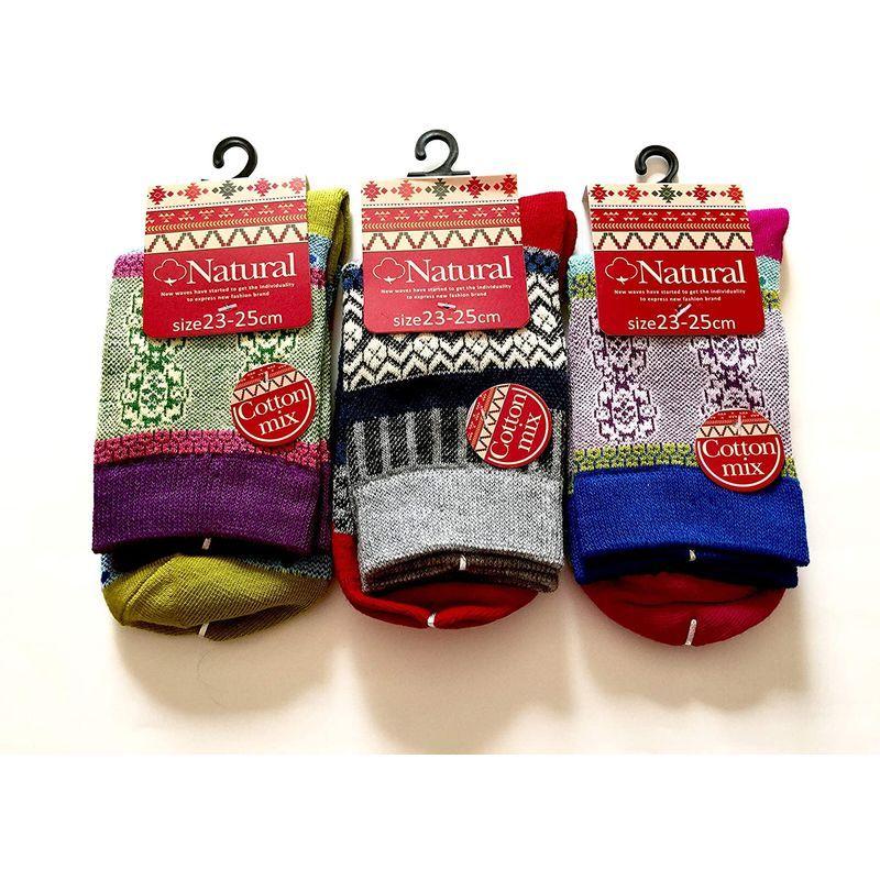 ソックス レディース セットあったか 厚手 靴下 エスニック柄 23 25cm 3足セット 柄はお任せ C05 破格値下げ