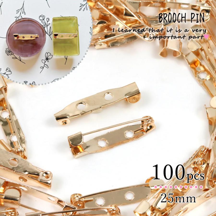 綺麗、ピンブローチ 基本パーツ 100個 大容量 ブローチピン 25mm きれいめゴールド 2つ穴