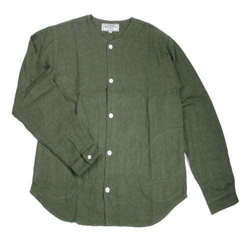 A HOPE HEMP アホープヘンプ HEMP FLANNEL CREW NECK SHIRTS / OLIVE ヘンプ オーガニックコットン ノーカラシャツ 長袖 無地｜greenplanet