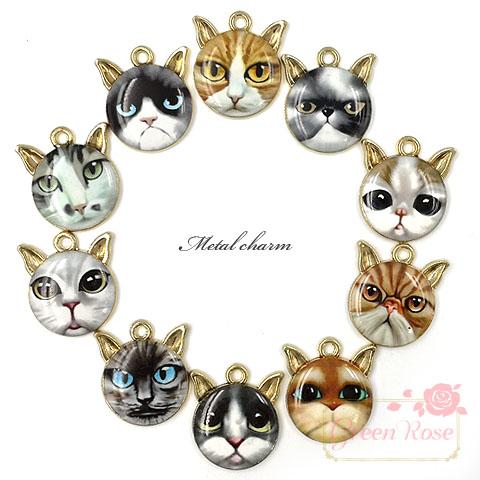 金属チャーム キャットフェイス 全10種 10個 猫 ねこ ネコ にゃんこ 
