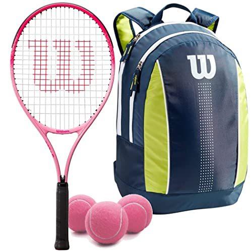ウィルソンバーンピンク23インチジュニアテニスラケットには ネイビー/ライムグリーン/ホワイトキッズテニスバックパックとピンクのテニスボ 並行輸入