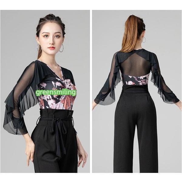 社交ダンス　トップス レオタード　赤×黒　花柄　ベロア　シースルー袖　超美品 社交ダンス トップス 社交ダンス衣装 レオタード式 大きいサイズ 花柄