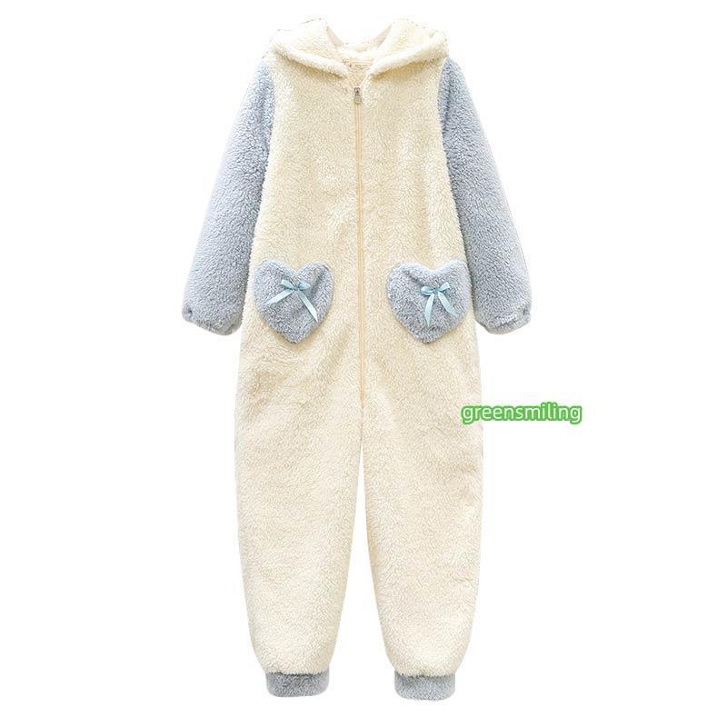 パジャマ 女の子 冬用 長袖 ルームウェア うさぎ耳付き 兎耳 キッズ オールインワンブルー  ブルー×ホワイト オーバーオールの画像