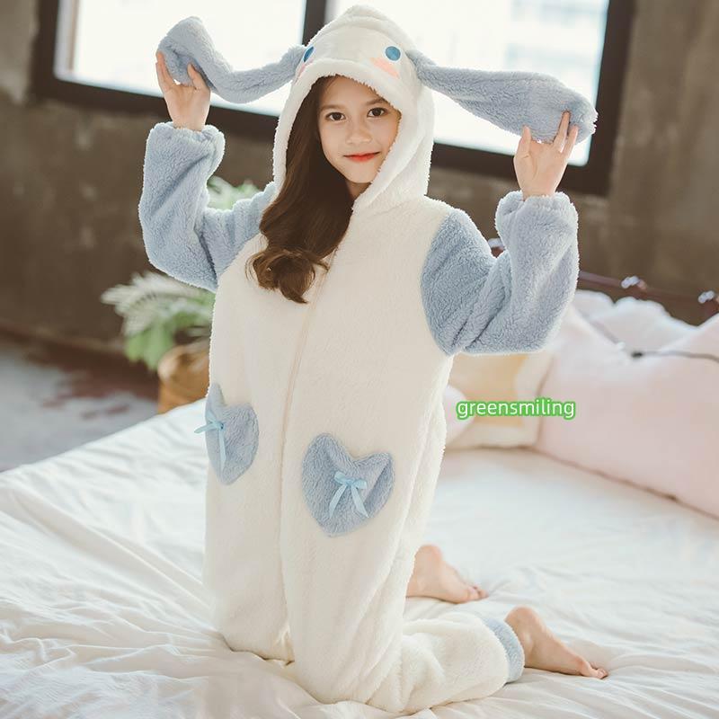 パジャマ 女の子 冬用 長袖 ルームウェア うさぎ耳付き 兎耳 キッズ オールインワンブルー  ブルー×ホワイト オーバーオールの画像