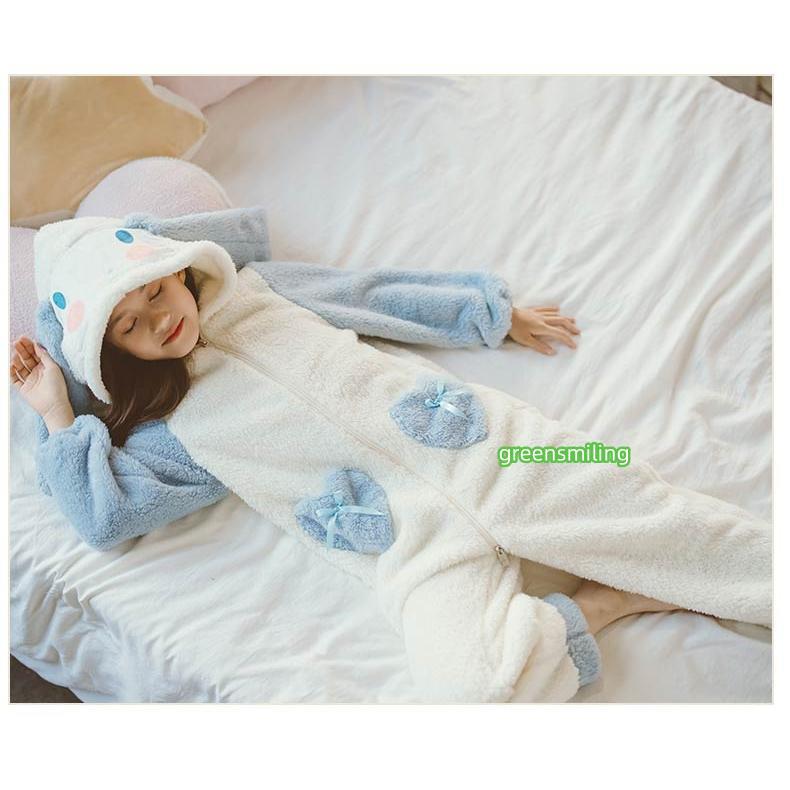 パジャマ 女の子 冬用 長袖 ルームウェア うさぎ耳付き 兎耳 キッズ オールインワンブルー  ブルー×ホワイト オーバーオールの画像