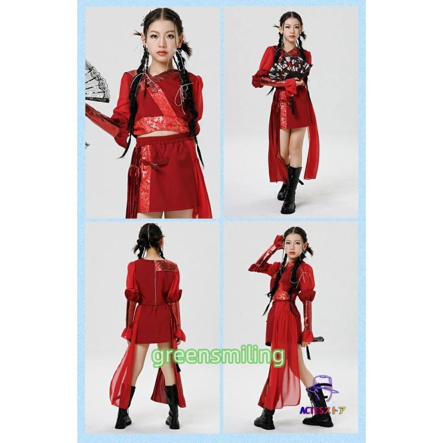 キッズダンス衣装 赤 韓国 セットアップ チュール へそ出し キラキラ