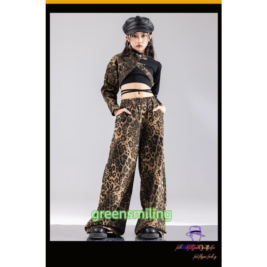 キッズダンス衣装 セットアップ トップス 肩出し パンツ 豹柄 長袖