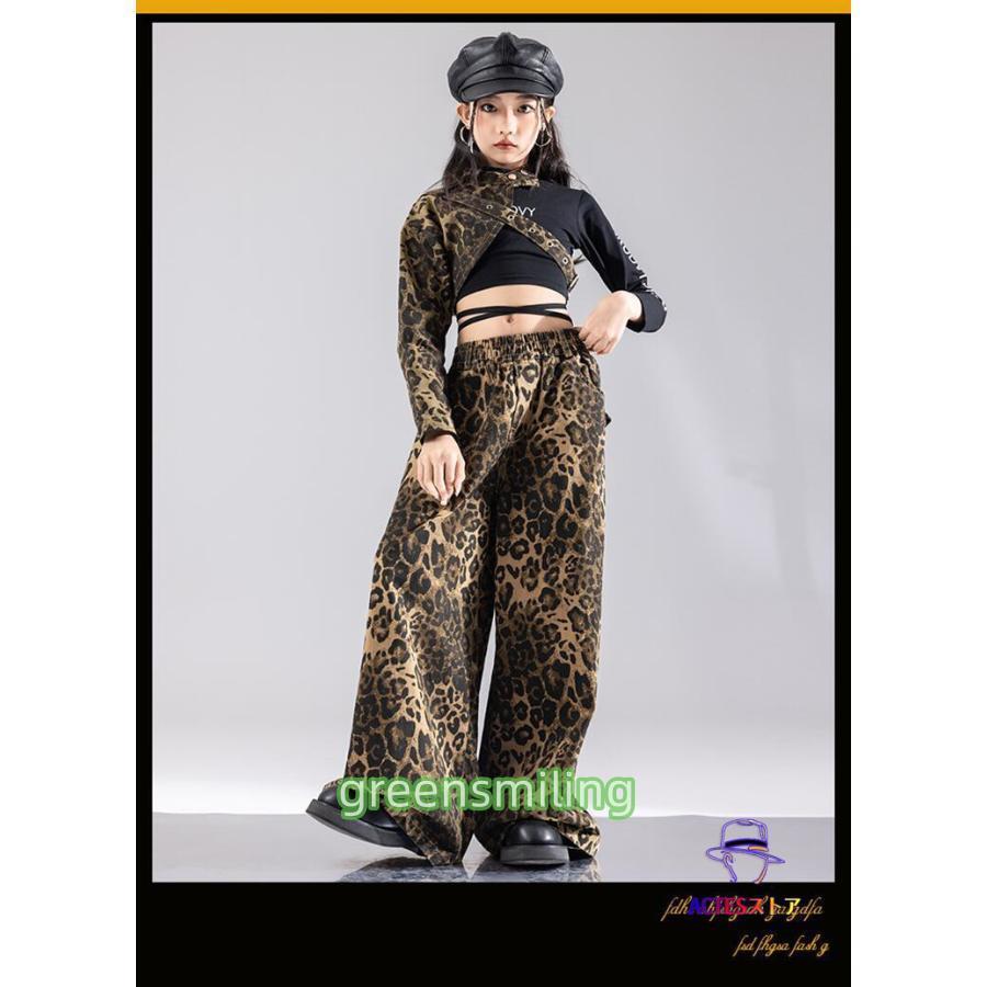 キッズダンス衣装 セットアップ トップス 肩出し パンツ 豹柄 長袖