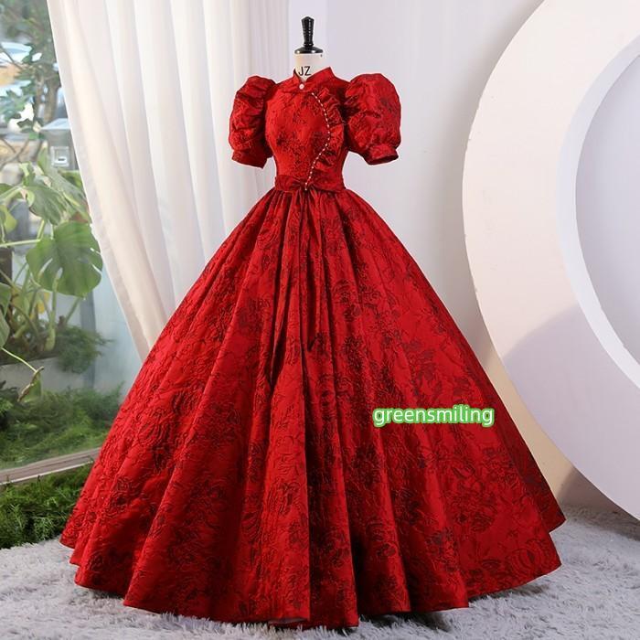 ビジュー付きハイネックレッドドレス カラードレス お色直し ワインレッド 赤 結婚式 ロングドレス 演奏会