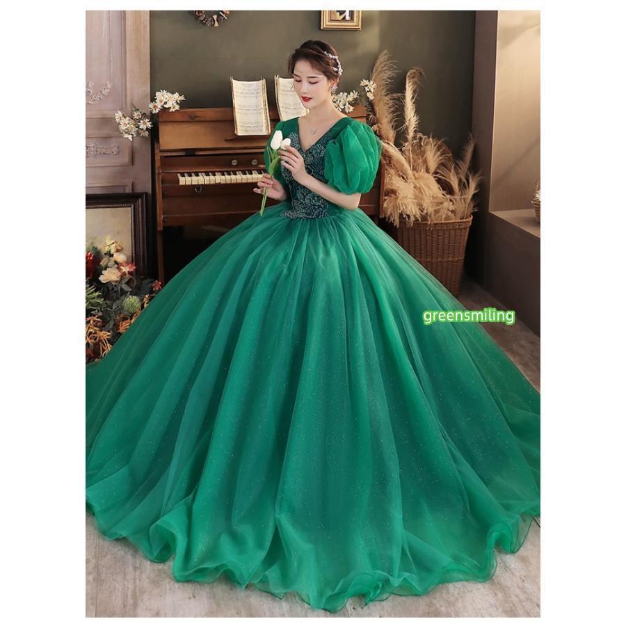 カラードレス お色直し グリーン 緑 結婚式 ロングドレス 演奏会 袖