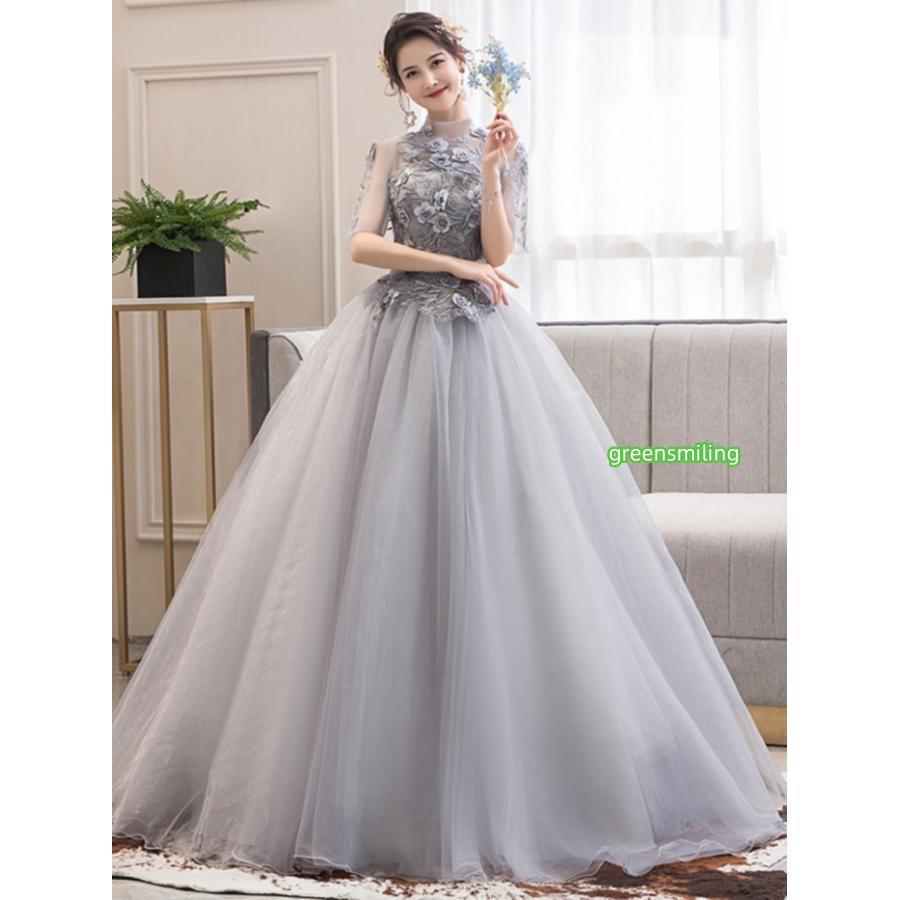 カラードレス お色直し グレー 灰色 結婚式 ロングドレス 演奏会 長袖