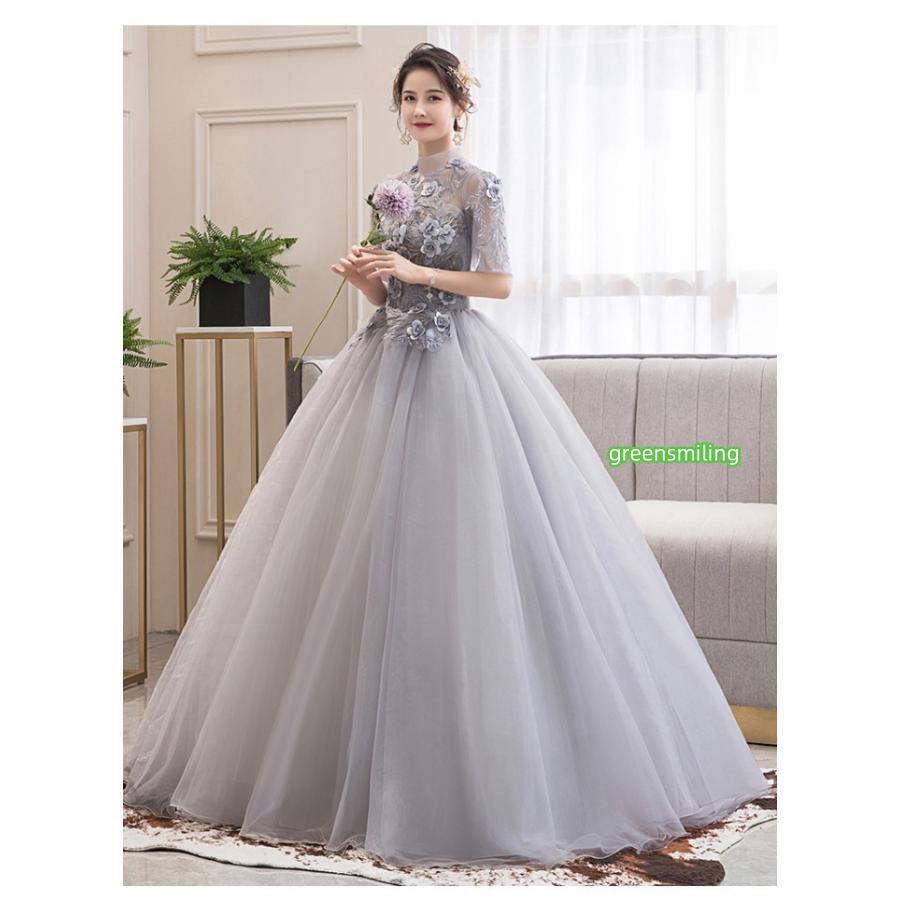 カラードレス お色直し グレー 灰色 結婚式 ロングドレス 演奏会 長袖