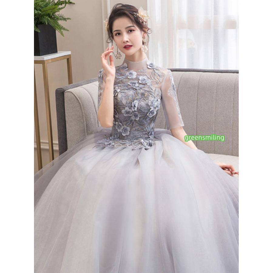 カラードレス お色直し グレー 灰色 結婚式 ロングドレス 演奏会 長袖