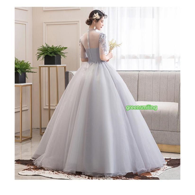 カラードレス お色直し グレー 灰色 結婚式 ロングドレス 演奏会 長袖