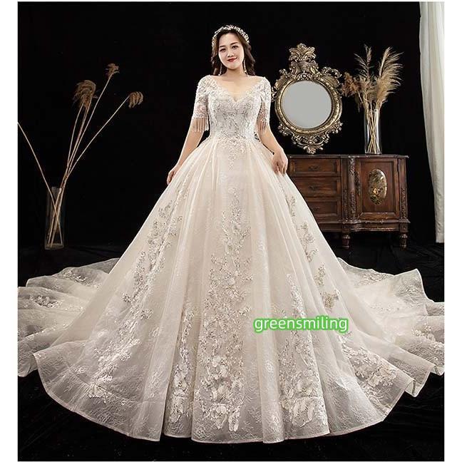 ウェディングドレス 袖あり 5分袖 大きいサイズ ぽっちゃり 白ドレス V