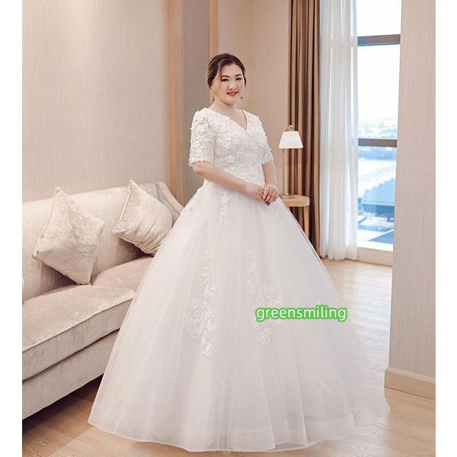 ウェディングドレス 袖あり 5分袖 大きいサイズ ぽっちゃり 白ドレス V