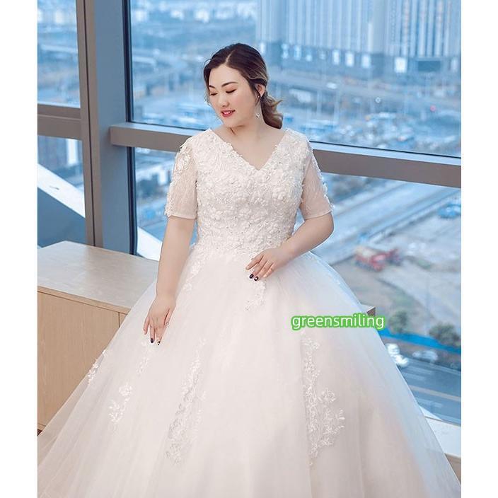 ウェディングドレス 袖あり 5分袖 大きいサイズ ぽっちゃり 白ドレス V