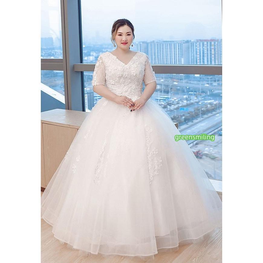 ウェディングドレス 袖あり 5分袖 大きいサイズ ぽっちゃり 白ドレス V