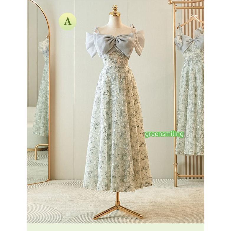 ブライズメイド ドレス ミモレ丈ドレス 総レース 花柄刺繍 ライトグリーン 演奏会 ピアノ発表会 キャミソール バフスリーブ ブライズメイド ドレス ミモレ丈ドレス 総レース 花柄刺繍 ライト