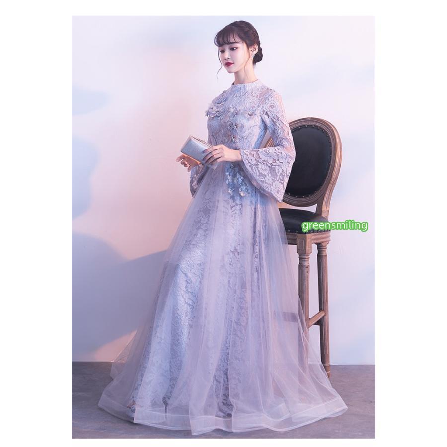 パーティードレス ロング丈 演奏会 レース ドレス 袖有り 体型カバー 成人式 同窓会 大人 ピアノ発表会 Aライン 結婚式 ステージドレスの画像