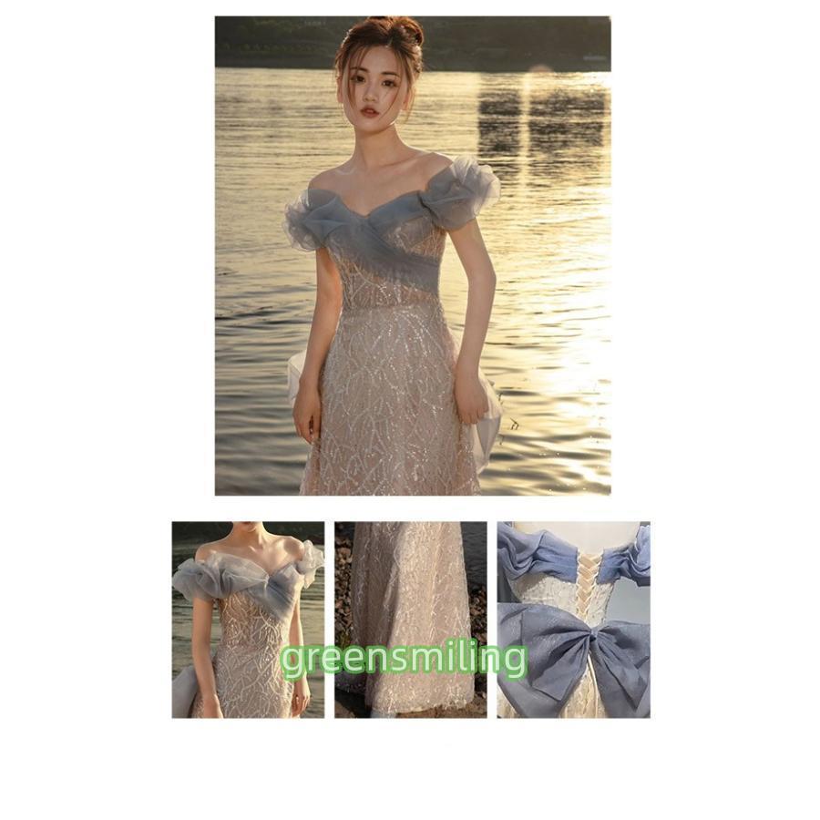 ドレス 大人 ピアノ発表会 ドレス 演奏会 ロング丈 ミモレ丈 結婚式 パーティードレス ロングドレス ミモレ丈ドレス 編み上げ パフスリーブの画像