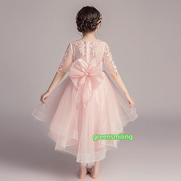 キッズ ドレス パーティー お姫様 半袖 ワンピース リボン付き ショート丈 ロング丈 フィッシュテール 子供ドレス ファスナータイプ フォーマル