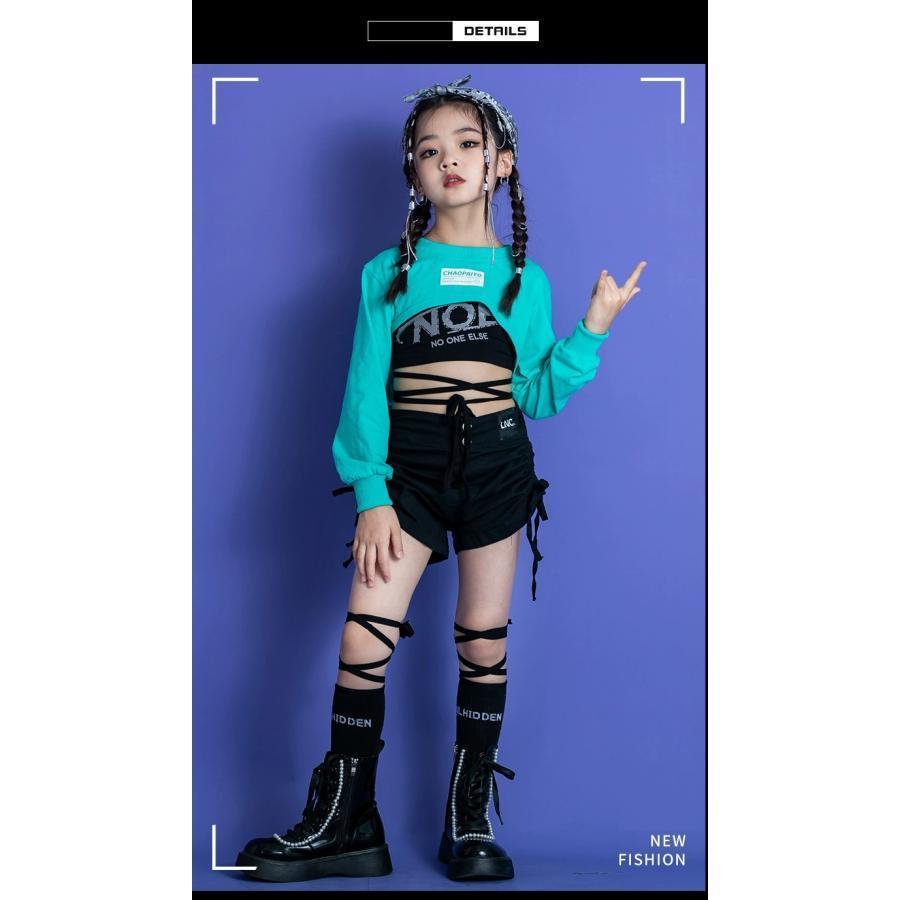 ダンス衣装 ガールズヒップホップ セットアップ 韓国 K-POP 派手 へそ出し トップス ショートパンツ 子供ダンス服 キッズダンス衣装 hiphop 赤 白 緑 黒｜greensmiling｜13