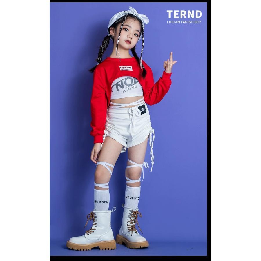 ダンス衣装 ガールズヒップホップ セットアップ 韓国 K-POP 派手 へそ出し トップス ショートパンツ 子供ダンス服 キッズダンス衣装 hiphop 赤 白 緑 黒｜greensmiling｜05