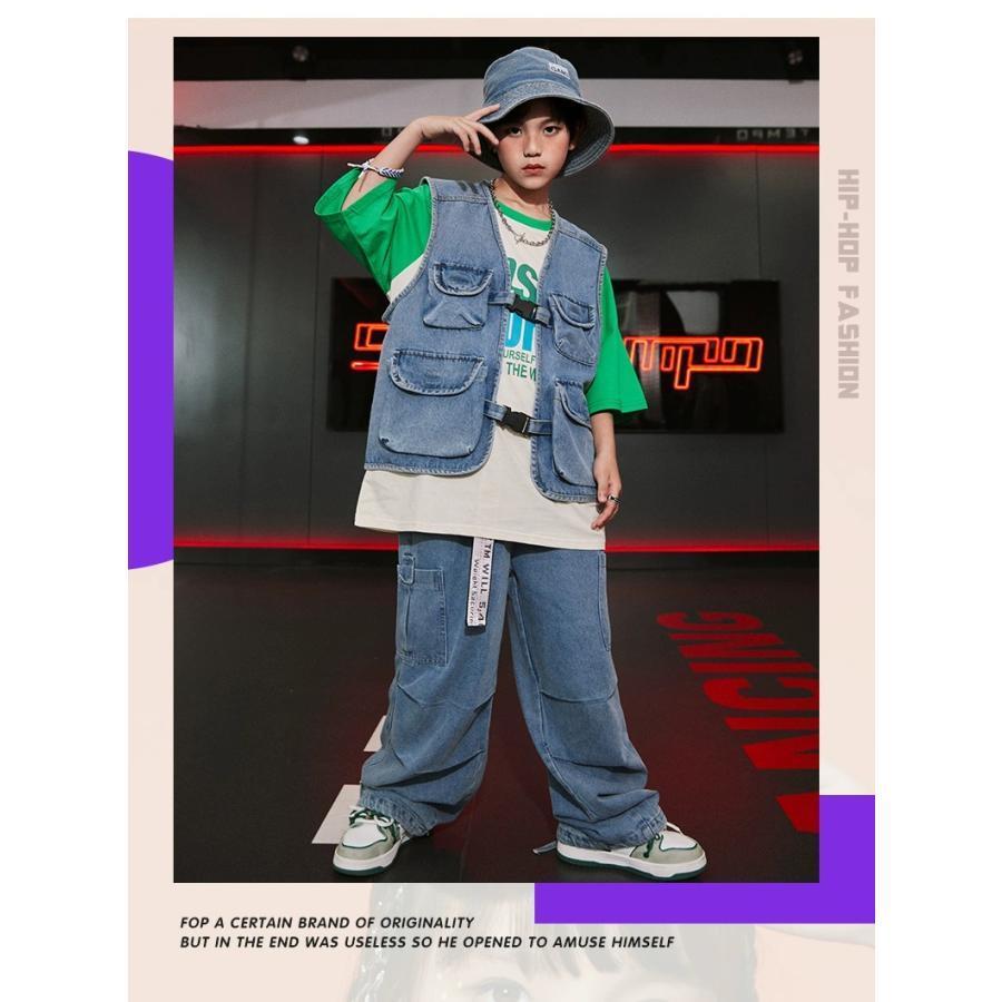 キッズダンス衣装 セットアップ ヒップホップ 衣装 ダンスファッション ダンス衣装 キッズ 男の子 ガールズ デニムベスト デニムパンツ K-POP 韓国の画像