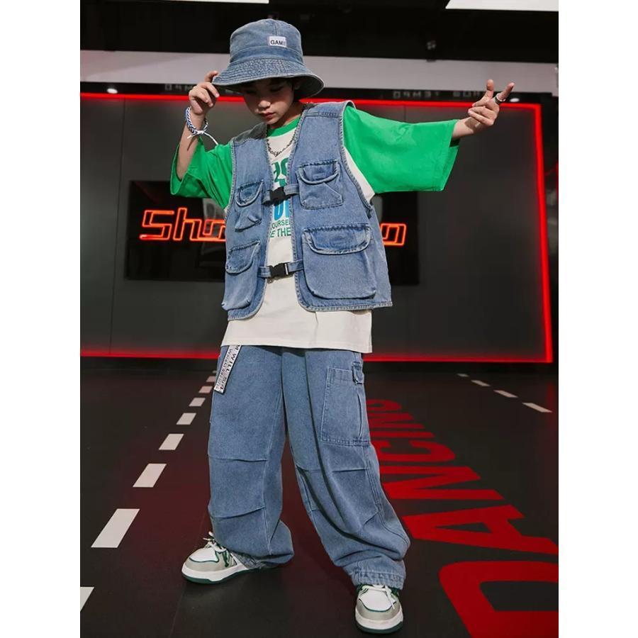 キッズダンス衣装 セットアップ ヒップホップ 衣装 ダンスファッション ダンス衣装 キッズ 男の子 ガールズ デニムベスト デニムパンツ K-POP 韓国の画像