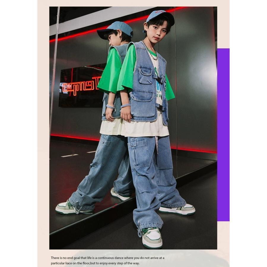 キッズダンス衣装 セットアップ ヒップホップ 衣装 ダンスファッション ダンス衣装 キッズ 男の子 ガールズ デニムベスト デニムパンツ K-POP 韓国の画像