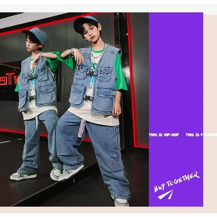 キッズダンス衣装 セットアップ ヒップホップ 衣装 ダンスファッション ダンス衣装 キッズ 男の子 ガールズ デニムベスト デニムパンツ K-POP 韓国の画像