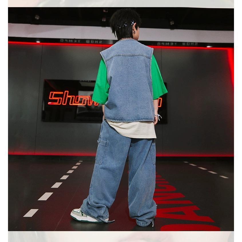 キッズダンス衣装 セットアップ ヒップホップ 衣装 ダンスファッション ダンス衣装 キッズ 男の子 ガールズ デニムベスト デニムパンツ K-POP 韓国の画像