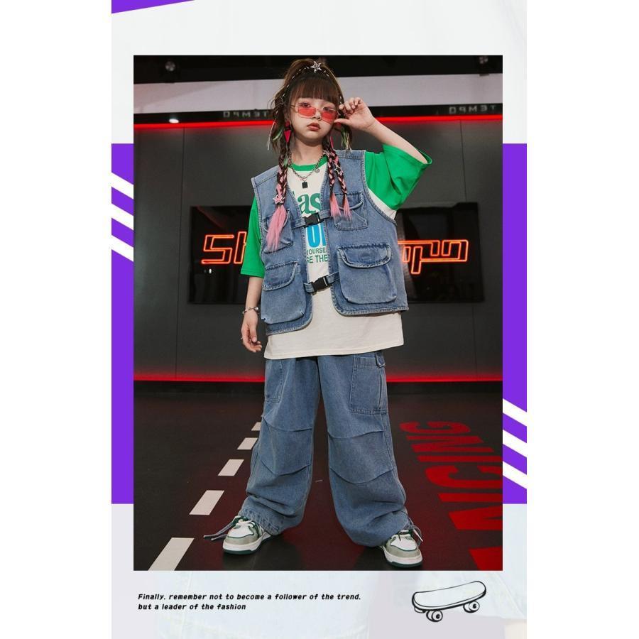 キッズダンス衣装 セットアップ ヒップホップ 衣装 ダンスファッション ダンス衣装 キッズ 男の子 ガールズ デニムベスト デニムパンツ K-POP 韓国の画像