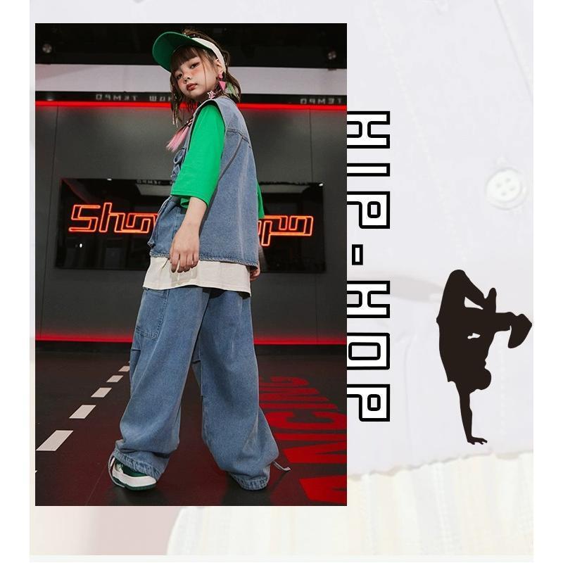 キッズダンス衣装 セットアップ ヒップホップ 衣装 ダンスファッション ダンス衣装 キッズ 男の子 ガールズ デニムベスト デニムパンツ K-POP 韓国の画像