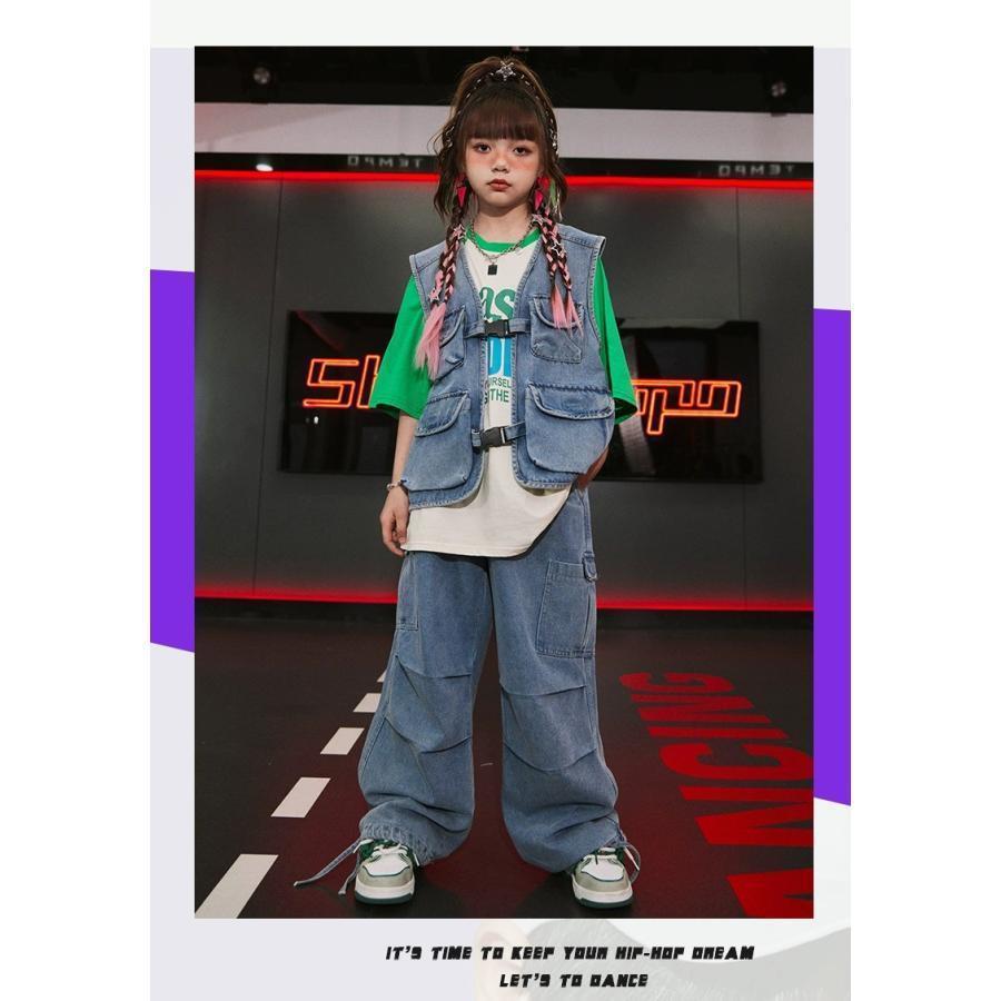 キッズダンス衣装 セットアップ ヒップホップ 衣装 ダンスファッション ダンス衣装 キッズ 男の子 ガールズ デニムベスト デニムパンツ K-POP 韓国の画像