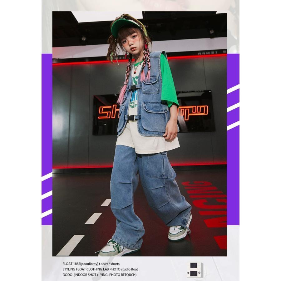 キッズダンス衣装 セットアップ ヒップホップ 衣装 ダンスファッション ダンス衣装 キッズ 男の子 ガールズ デニムベスト デニムパンツ K-POP 韓国の画像
