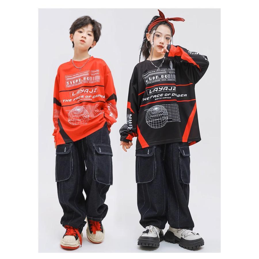 ヒップホップ 衣装 キッズダンス衣装 セットアップ 赤 黒 デニム K-POP