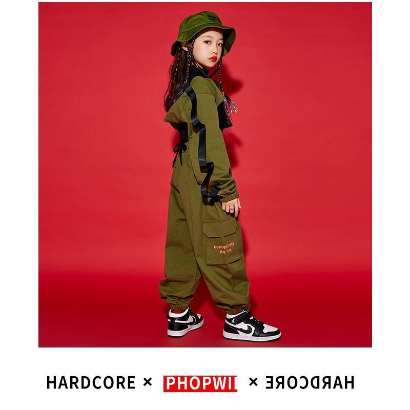 キッズダンス衣装 セットアップ ヒップホップ ファッション ガールズ ダンス衣装 トップス 迷彩パンツ ミリタリー 派手 K-POP 韓国 黒 カーキ 迷彩柄の画像