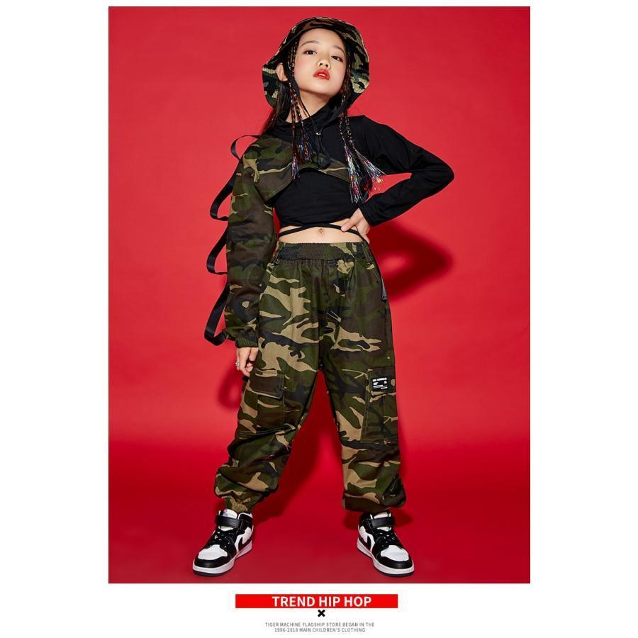 キッズダンス衣装 セットアップ ヒップホップ ファッション ガールズ ダンス衣装 トップス 迷彩パンツ ミリタリー 派手 K-POP 韓国 黒 カーキ 迷彩柄の画像