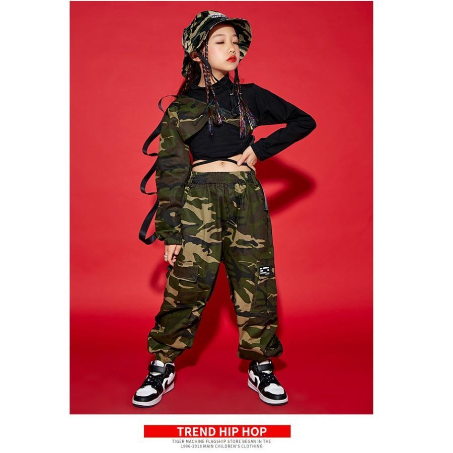 キッズダンス衣装 セットアップ ヒップホップ ファッション ガールズ ダンス衣装 トップス 迷彩パンツ ミリタリー 派手 K-POP 韓国 黒 カーキ 迷彩柄の画像