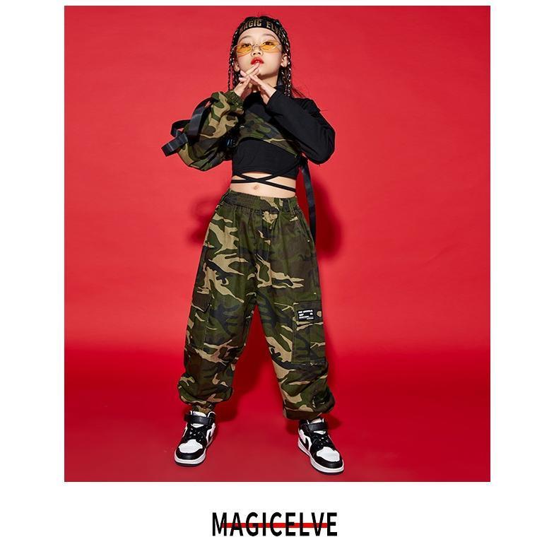 キッズダンス衣装 セットアップ ヒップホップ ファッション ガールズ ダンス衣装 トップス 迷彩パンツ ミリタリー 派手 K-POP 韓国 黒 カーキ 迷彩柄の画像
