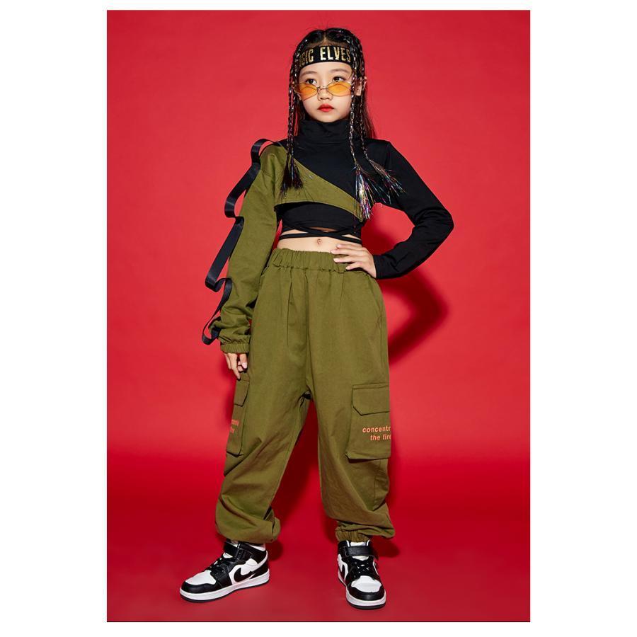 キッズダンス衣装 セットアップ ヒップホップ ファッション ガールズ ダンス衣装 トップス 迷彩パンツ ミリタリー 派手 K-POP 韓国 黒 カーキ 迷彩柄の画像