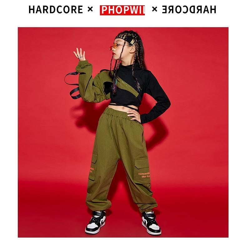 キッズダンス衣装 セットアップ ヒップホップ ファッション ガールズ ダンス衣装 トップス 迷彩パンツ ミリタリー 派手 K-POP 韓国 黒 カーキ 迷彩柄の画像