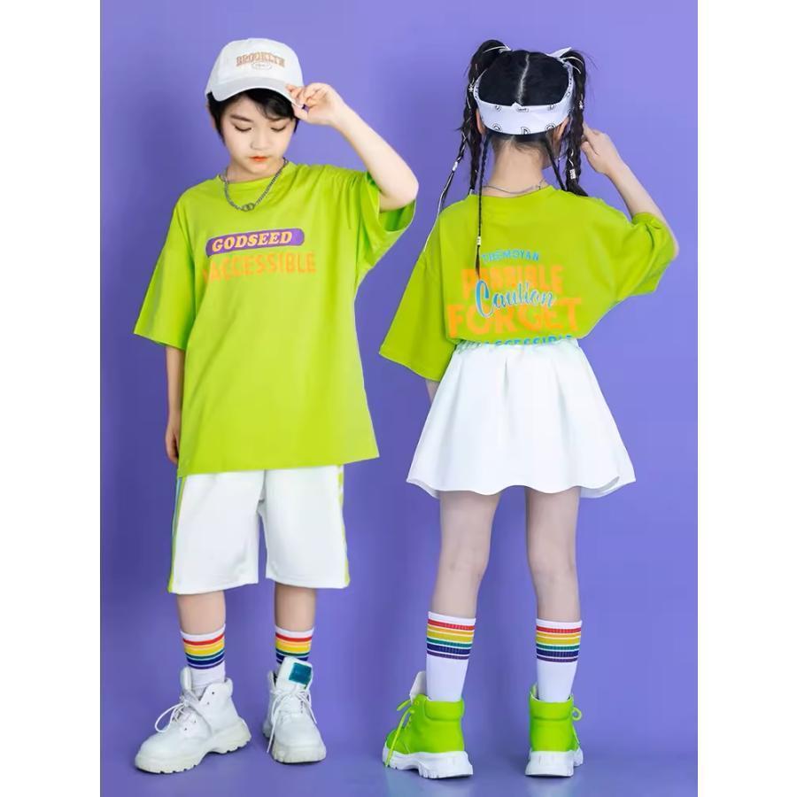 キッズダンス衣装 Tシャツ トップス ヒップホップ 衣装 K-POP 韓国 黄緑 紫 白 緑 オレンジ 水色 ピンク｜greensmiling｜04