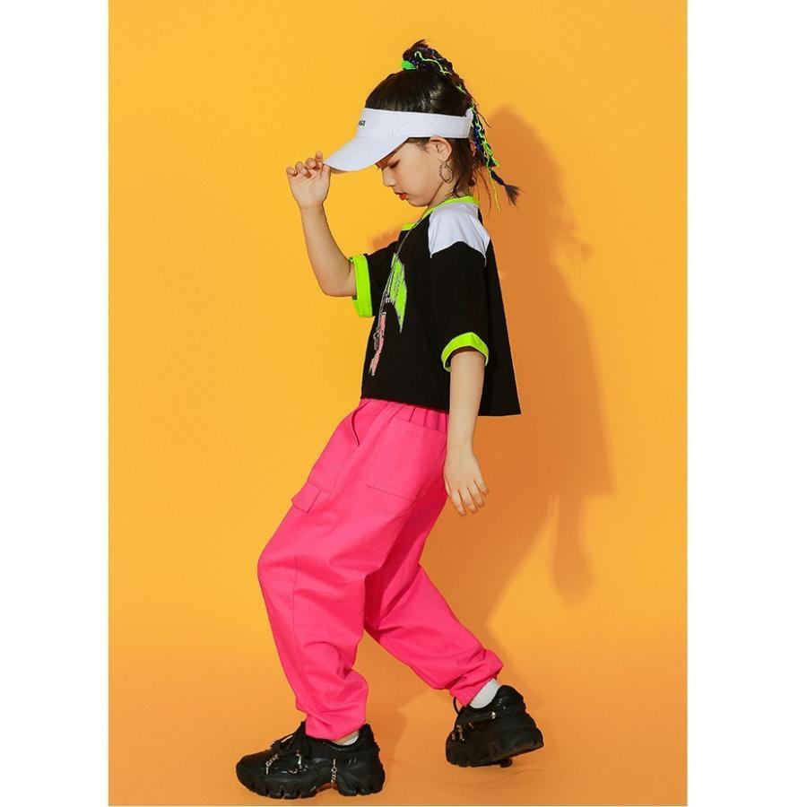 キッズダンス衣装 セットアップ ヒップホップ ファッション ガールズ へそ出し トップス パンツ スカート K-POP 韓国 黒 ピンク｜greensmiling｜06