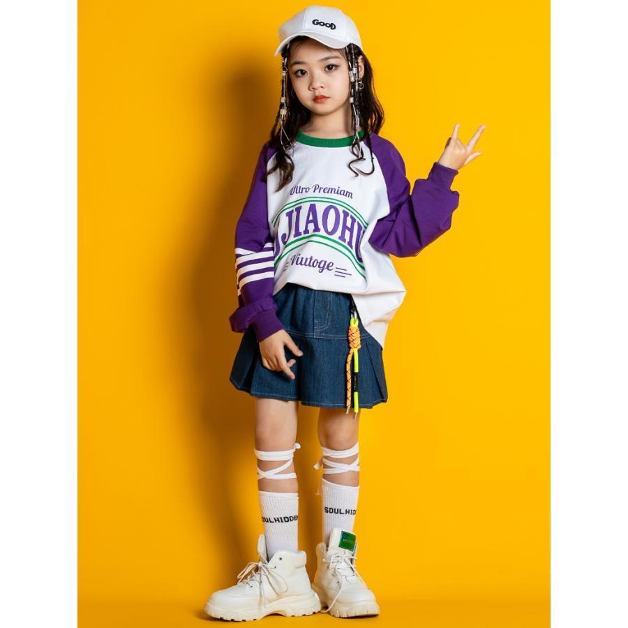 キッズダンス衣装 Tシャツ トップス ヒップホップ ダンス衣装 派手 HIPHOP ファッション ラグランTシャツ ロンT K-POP 韓 黄色 グレー 黄緑 赤 青 紫｜greensmiling｜15