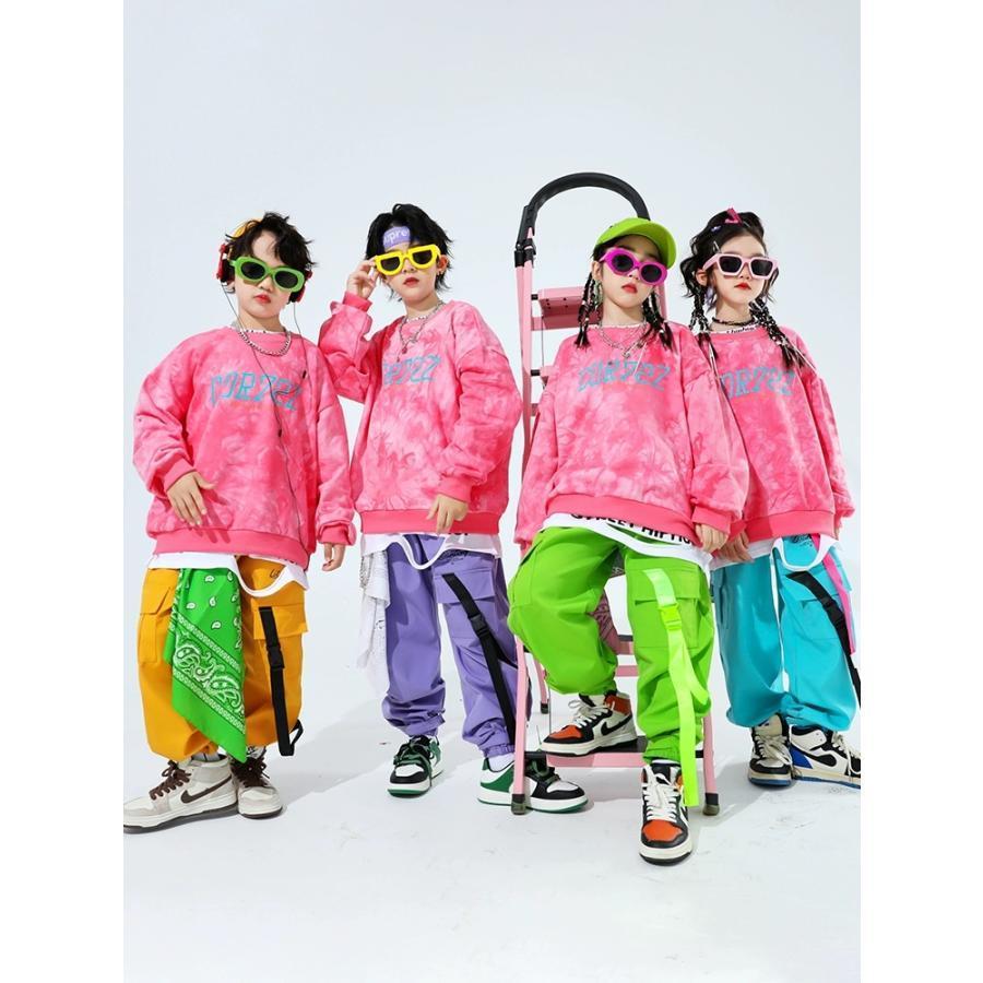 キッズダンス衣装 セットアップ ヒップホップ 衣装 子供ダンス服 スウェット パンツ タイダイ柄 派手 K-POP 韓国 ピンク 紫 黄緑 黄色 水色の画像
