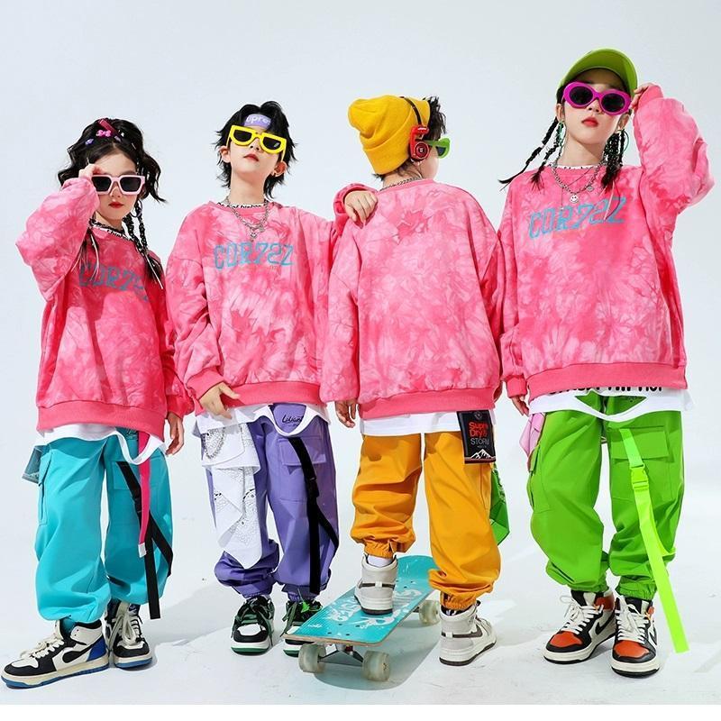 キッズダンス衣装 セットアップ ヒップホップ 衣装 子供ダンス服 スウェット パンツ タイダイ柄 派手 K-POP 韓国 ピンク 紫 黄緑 黄色 水色の画像